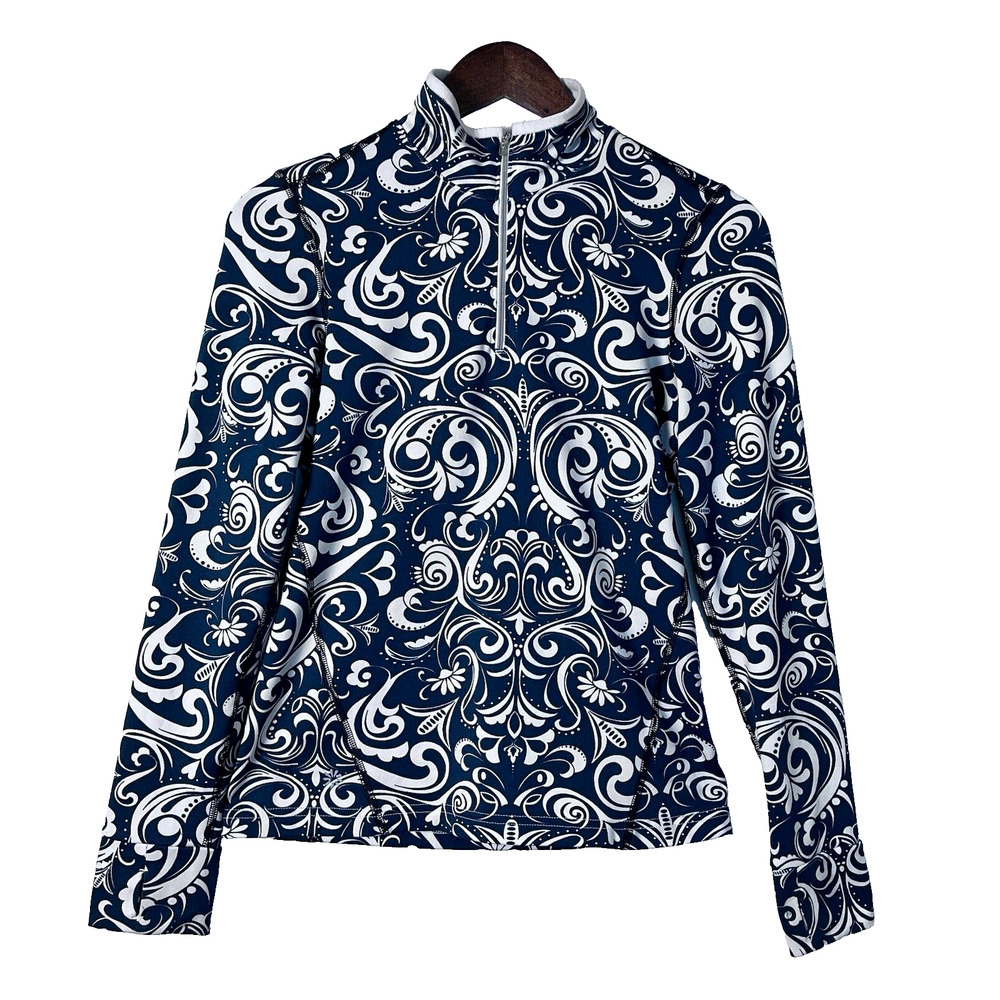 Athleta Scroll Print 1/4 Zip Athletic Pullover Shirt Dark Teal Womens Size Small